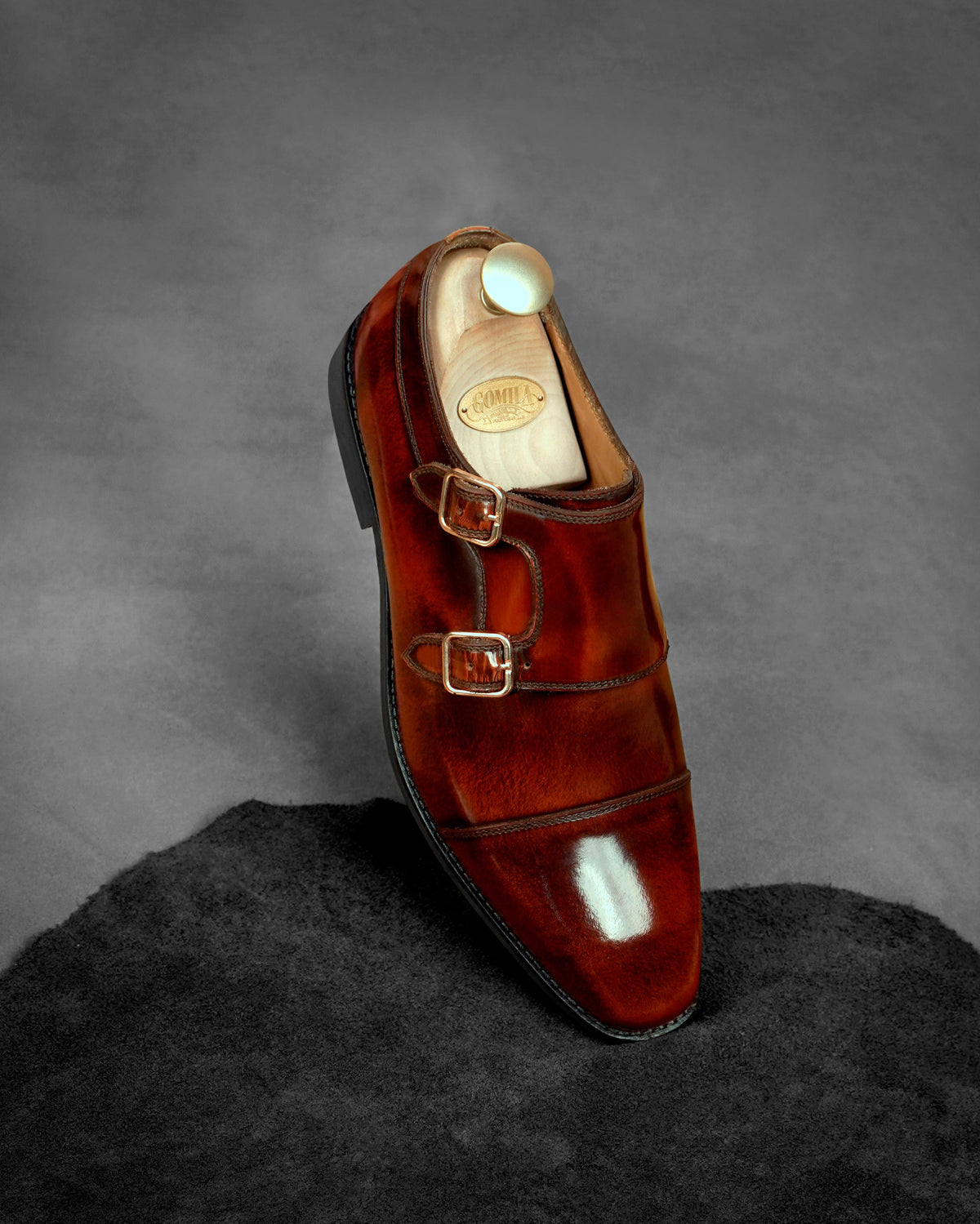Velori - Men's Reddish Brown Box Leather High Shine Double Monkstrap