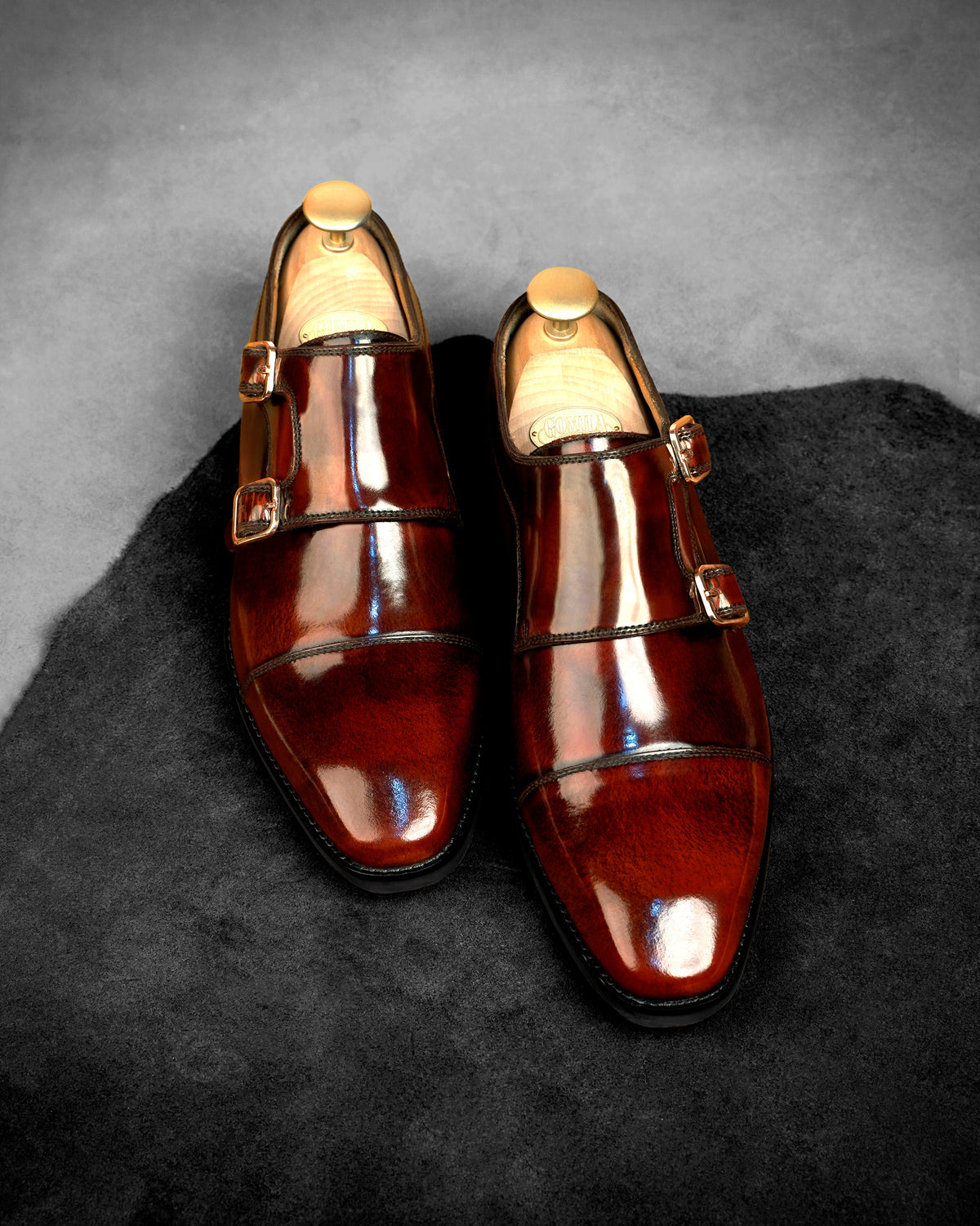 Velori - Men's Reddish Brown Box Leather High Shine Double Monkstrap