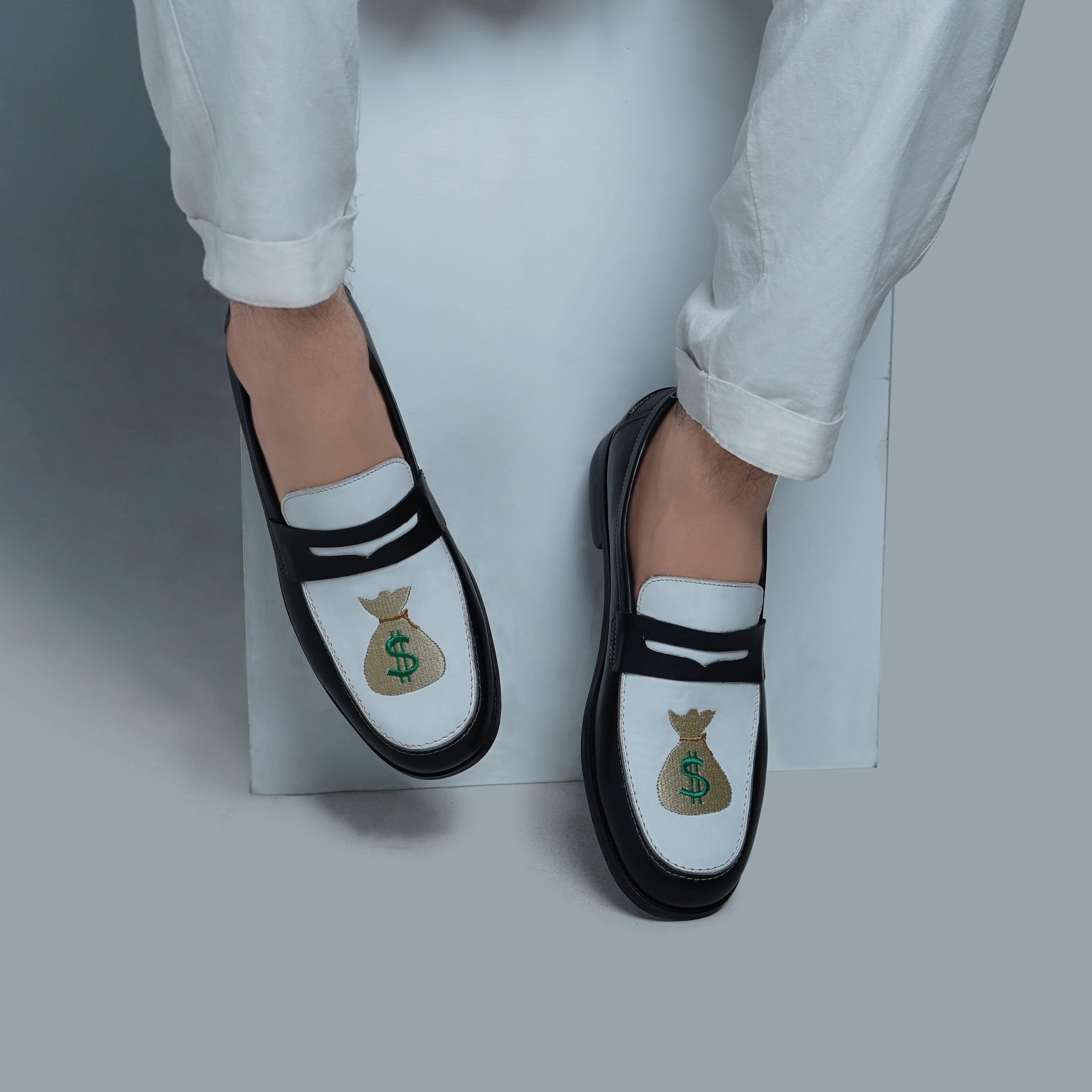 Boulia - Men's Black and White Calf Leather Loafer (Money Bag