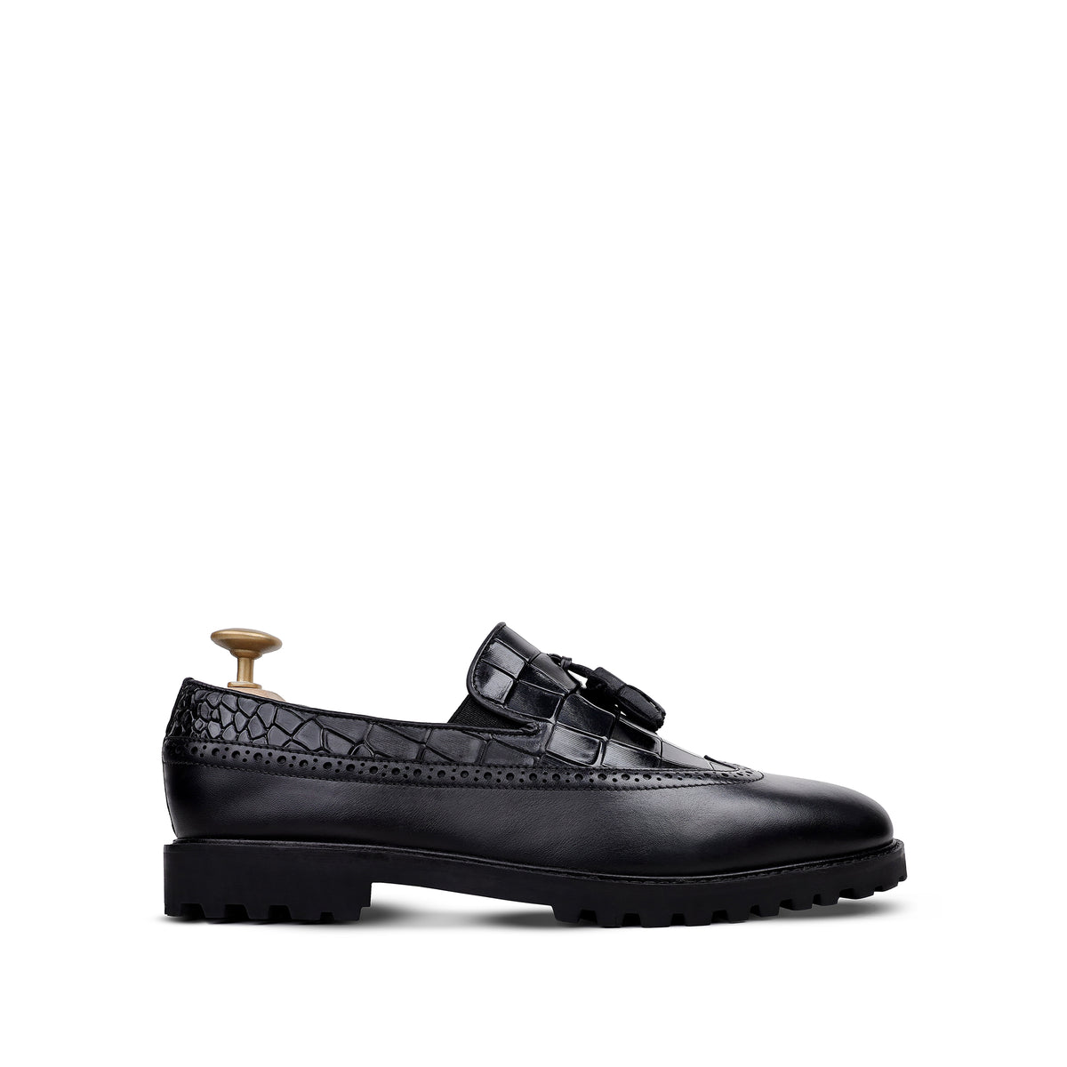 Luther - Men's Black Calf Leather & Crocodile Printed Loafer