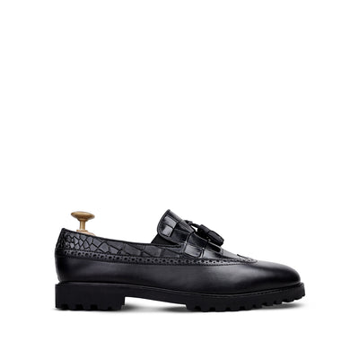 Luther - Men's Black Calf Leather & Crocodile Printed Loafer