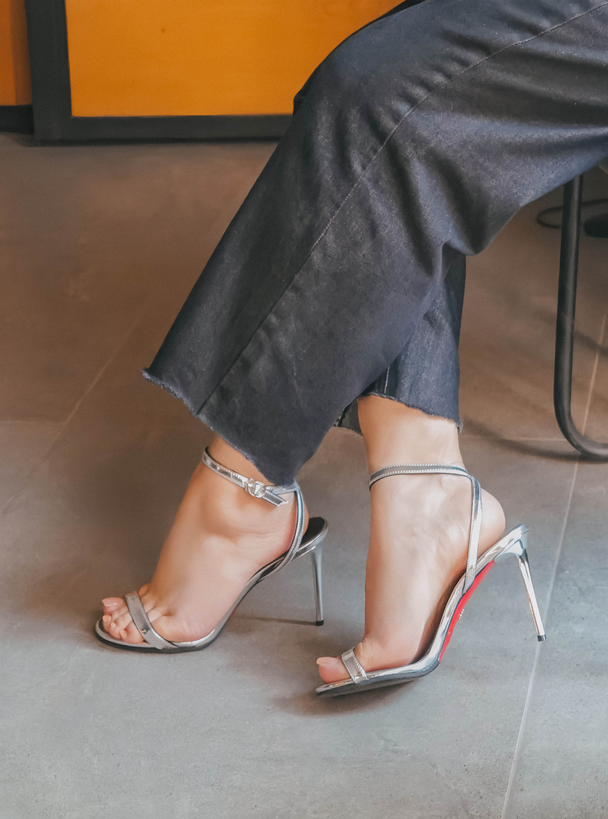 Emilia - Women's Silver Grey High Shine Strapped 90mm Heels