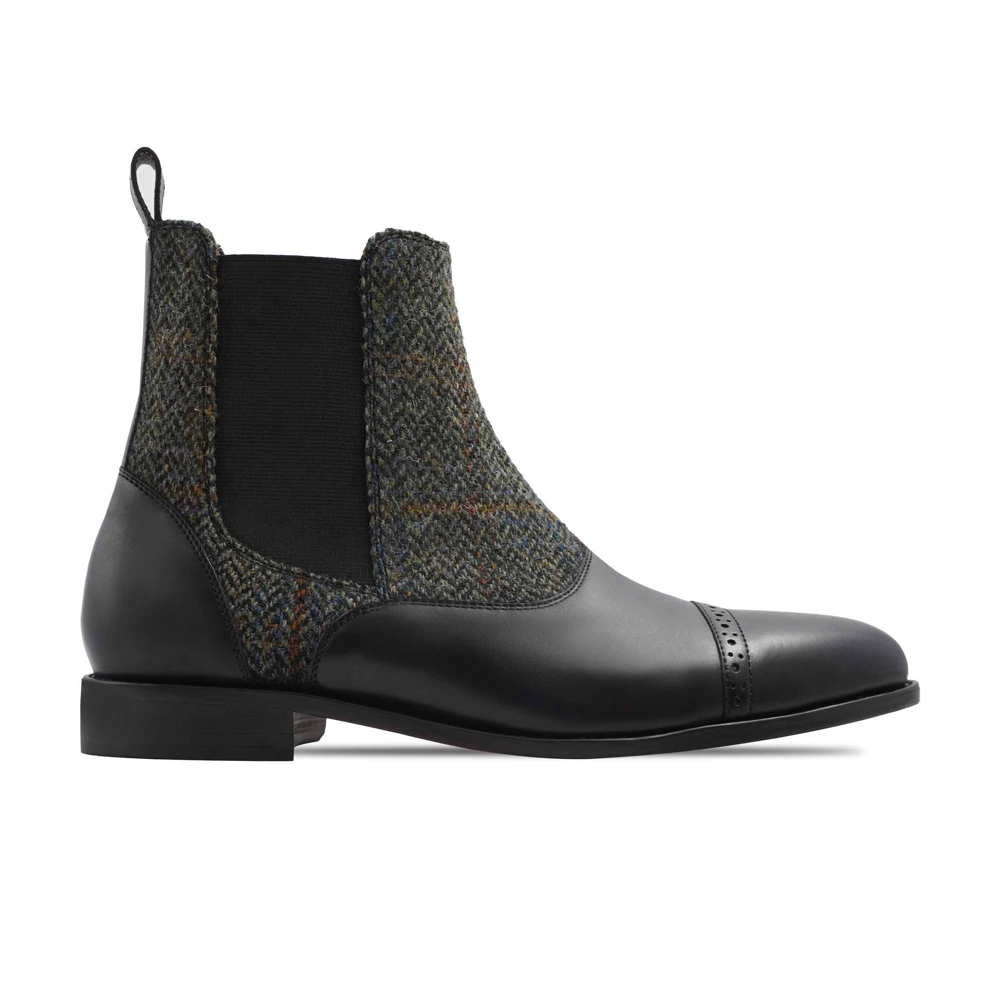 Kempty - Men's Black Pebble Grain Leather and Harris Tweed Chelsea Boot