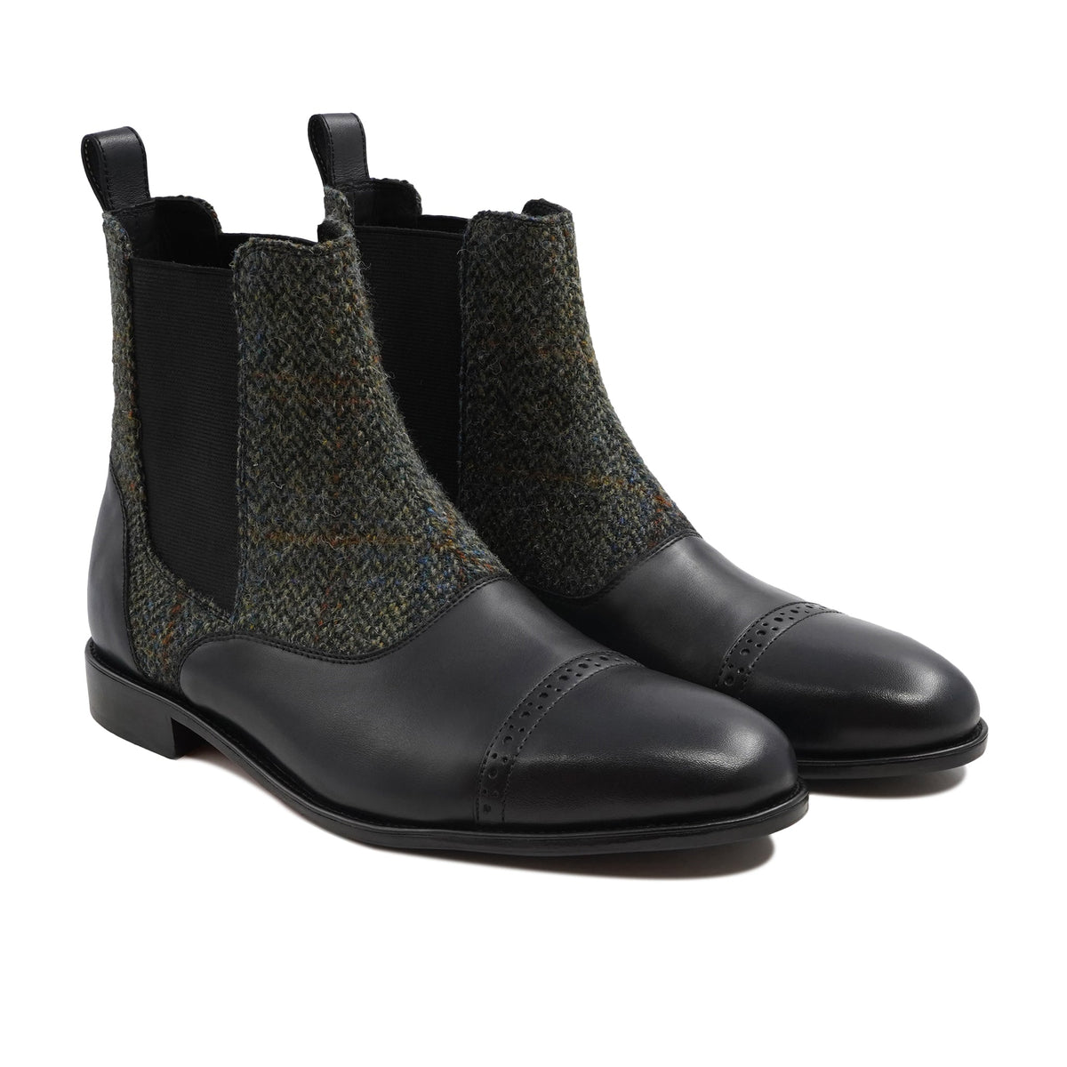 Kempty - Men's Black Pebble Grain Leather and Harris Tweed Chelsea Boot
