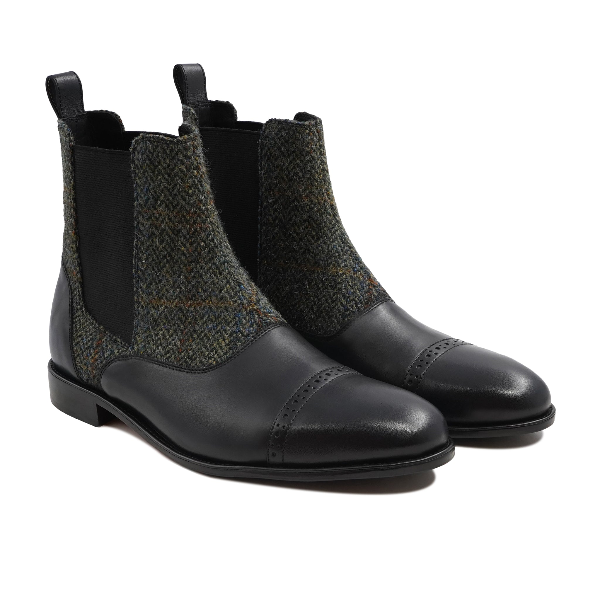 Kempty - Men's Black Pebble Grain Leather and Harris Tweed Chelsea Boot