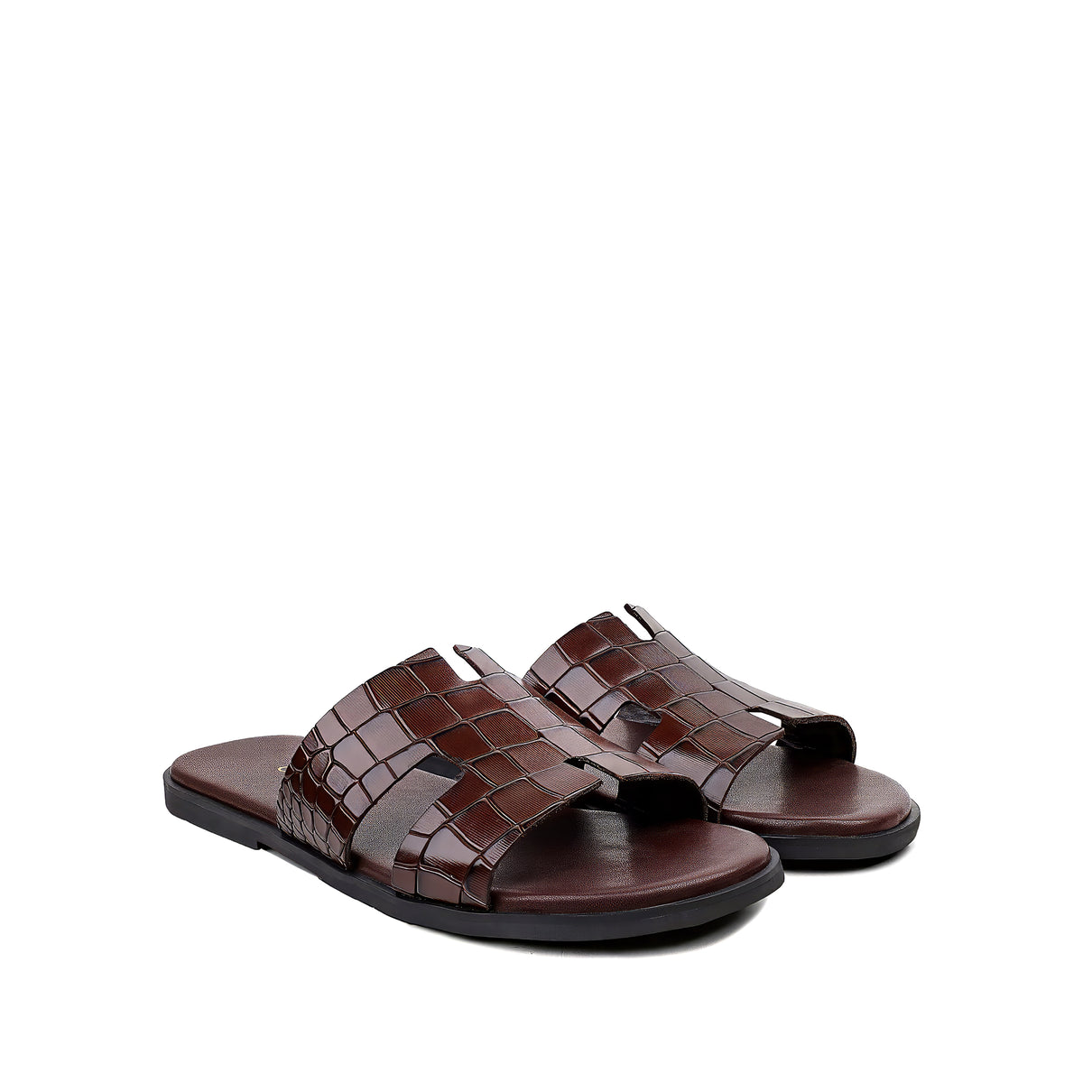 Cameron - Men's Chocolate Brown Crocodile Textured Leather Slipper