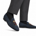 Ellis - Men's Navy Blue Suede & Embroidery Loafer