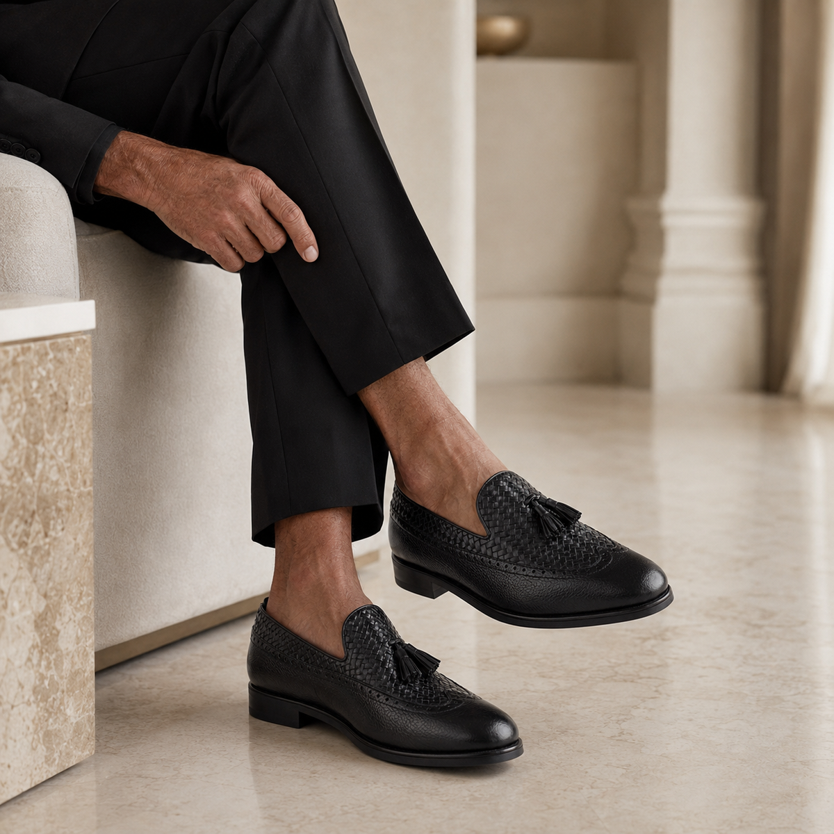 Dubasari - Men's Dark Black Pebble Grain and Hand Woven Calf Leather Loafer