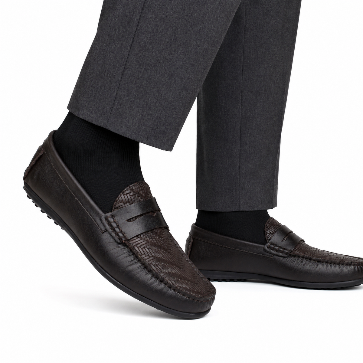 Knox - Men's Dark Brown Woven Textured Calf Leather Driver Shoe