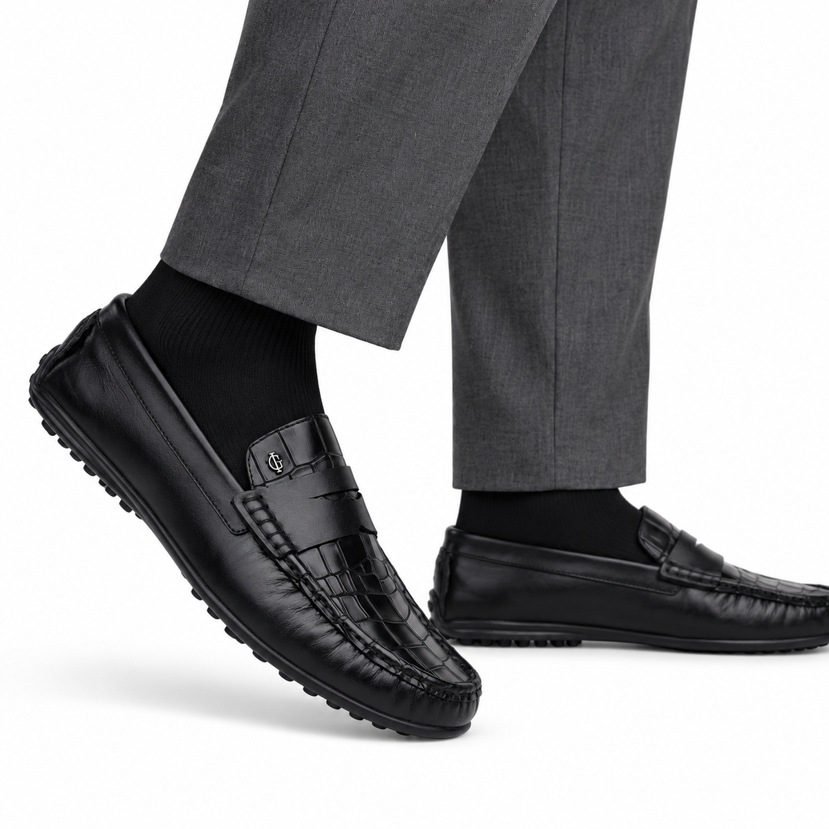 Giles - Men's Black Crocodile Textured & Calf Leather Driver