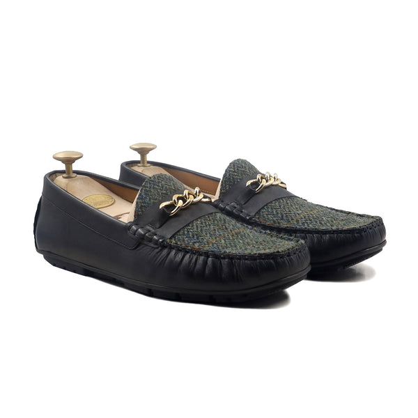 Caz - Men's Black Calf Leather and Harris Tweed Driver Shoe