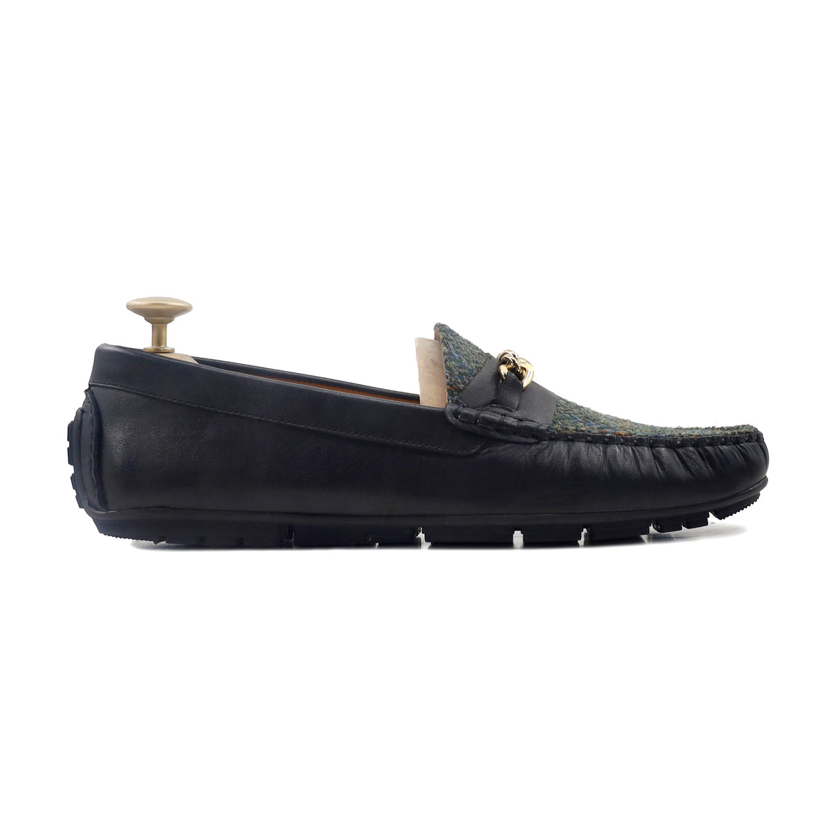 Caz - Men's Black Calf Leather and Harris Tweed Driver Shoe