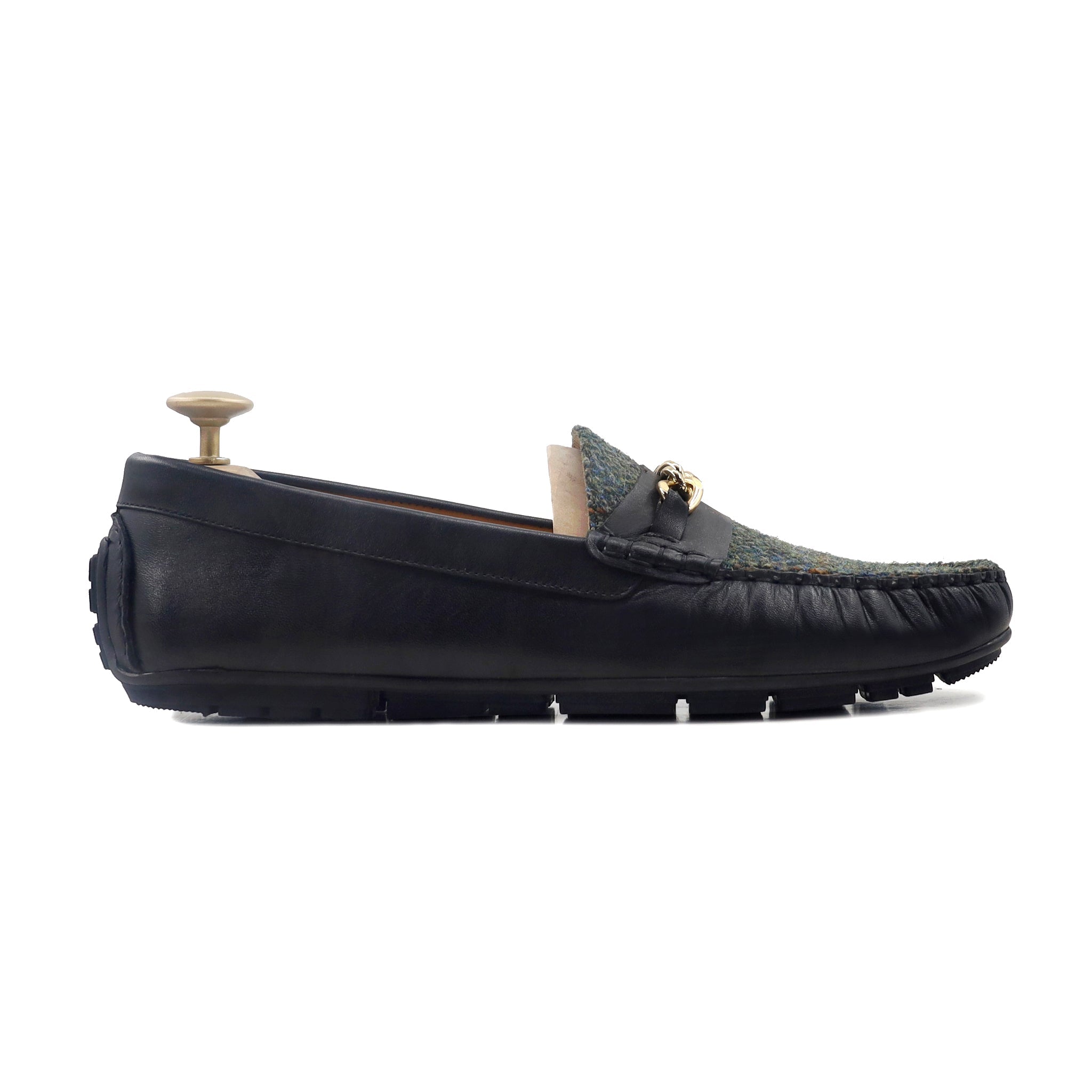 Caz - Men's Black Calf Leather and Harris Tweed Driver Shoe