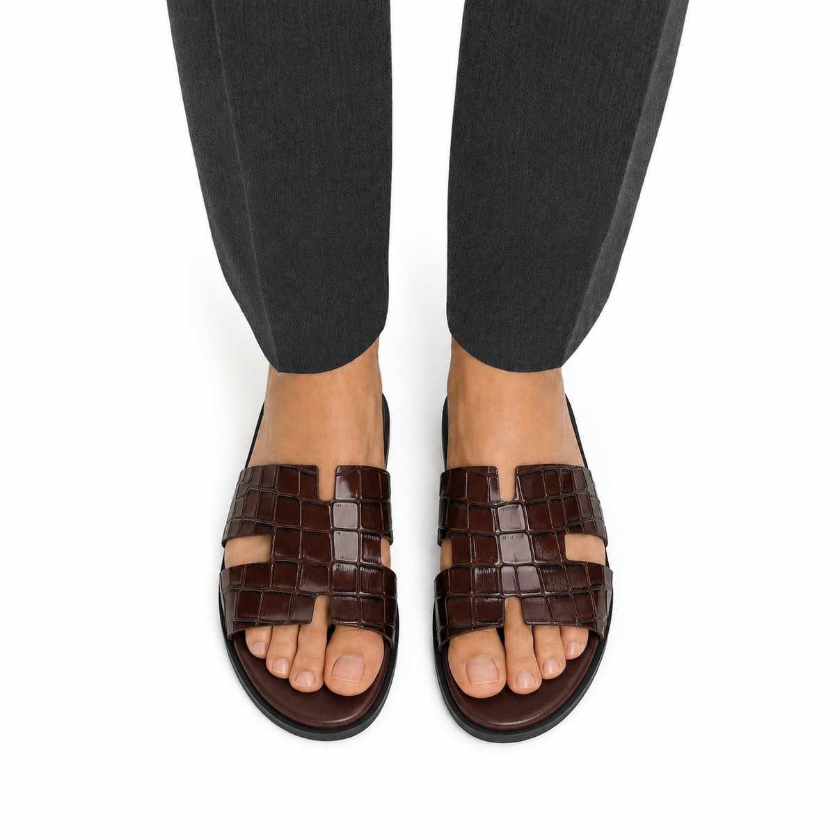 Cameron - Men's Chocolate Brown Crocodile Textured Leather Slipper