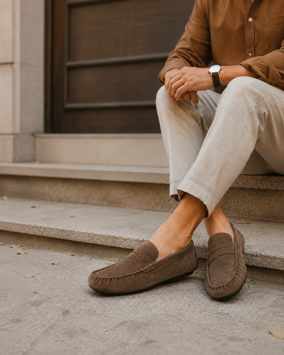 Halyn - Men's Dark Brown Kid Suede Driver Shoe
