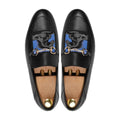 Gemala - Men's Black Calf Leather Horsebit Loafer with Embroidery