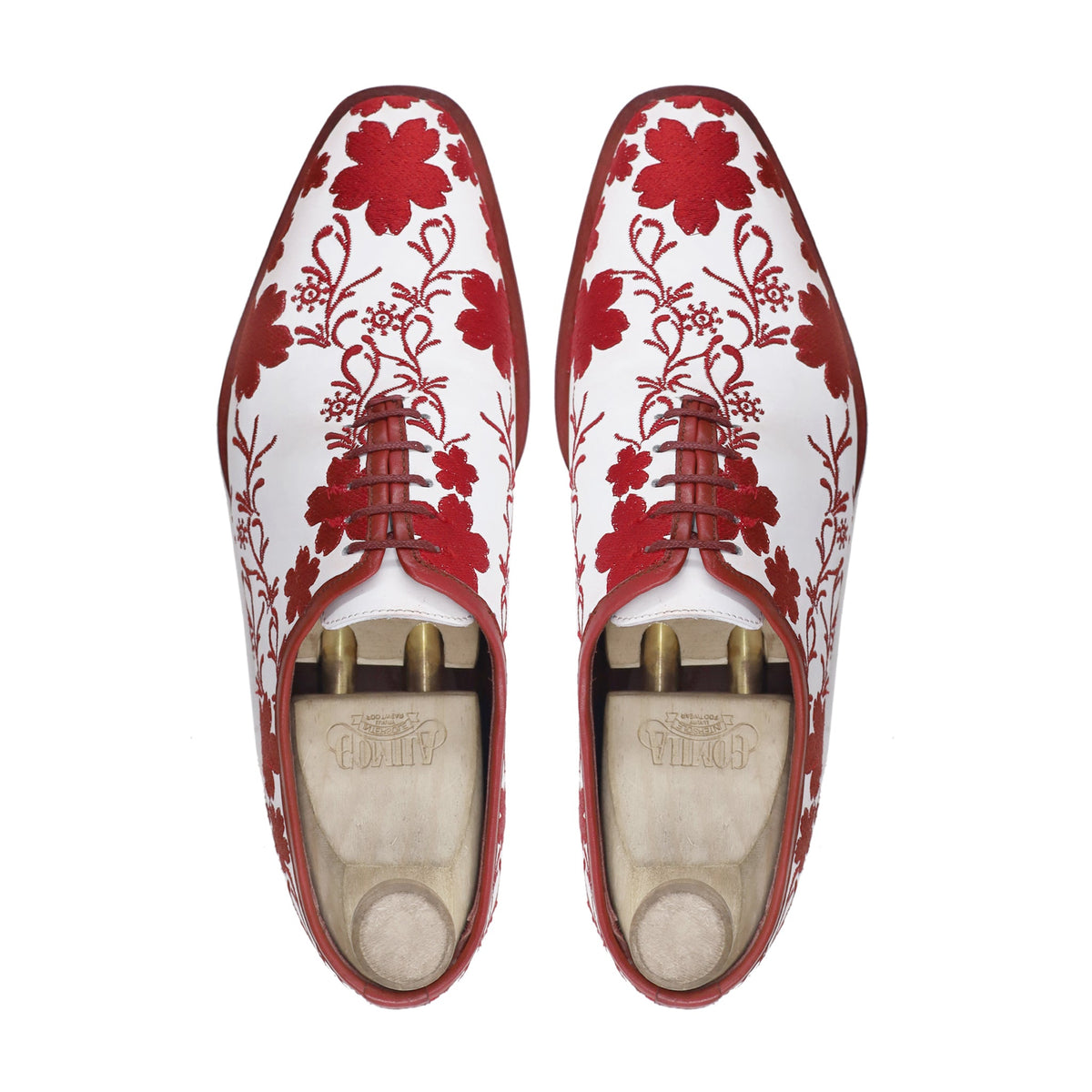 Aruku - Men's Red White Embroidered Wholecut Shoe - Goodyear Welted