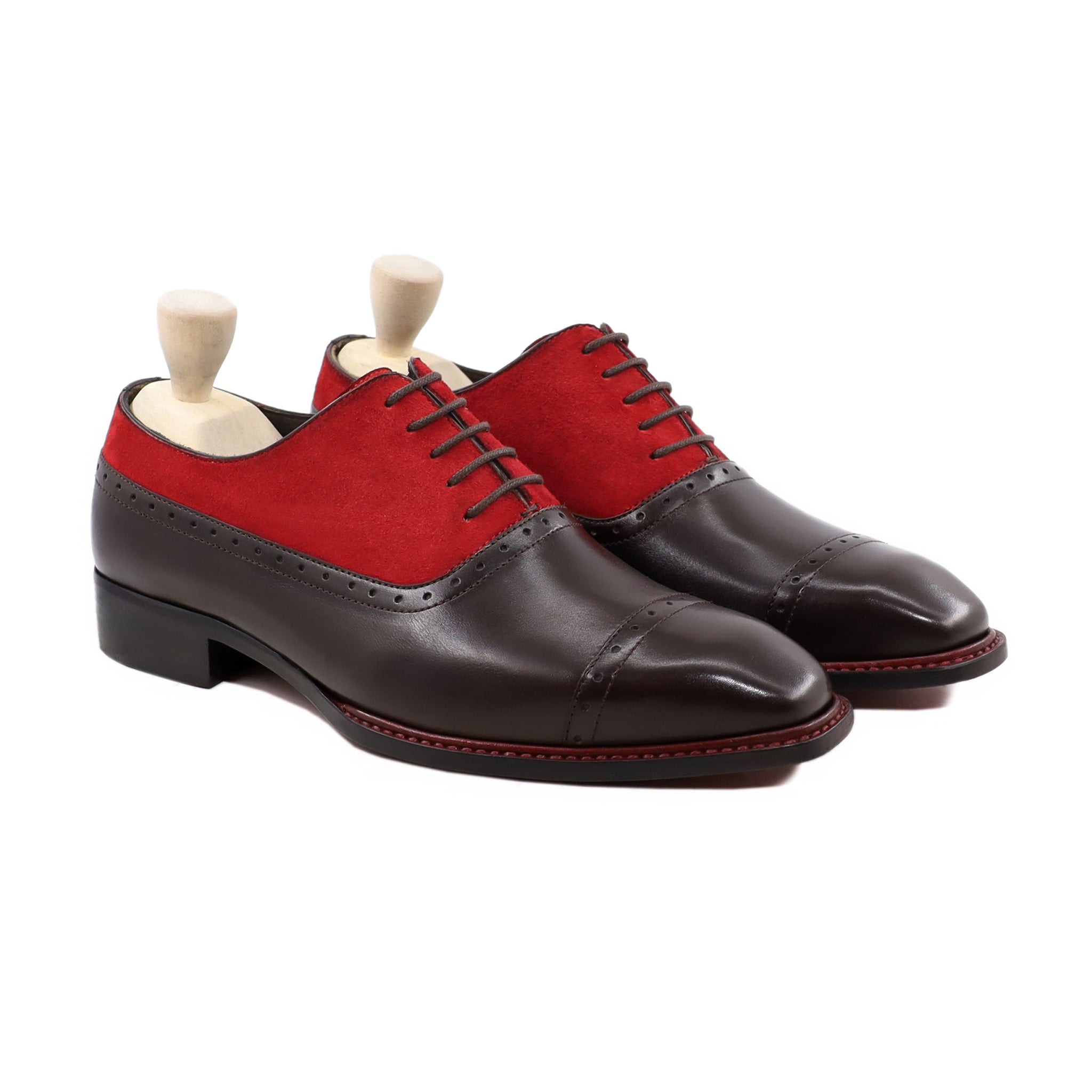 Travis - Men's Dark Brown and Red Kid Suede Oxford Shoe - Goodyear Welted