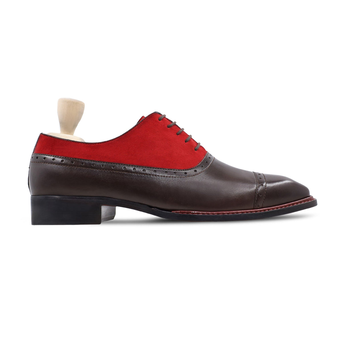Travis - Men's Dark Brown and Red Kid Suede Oxford Shoe - Goodyear Welted