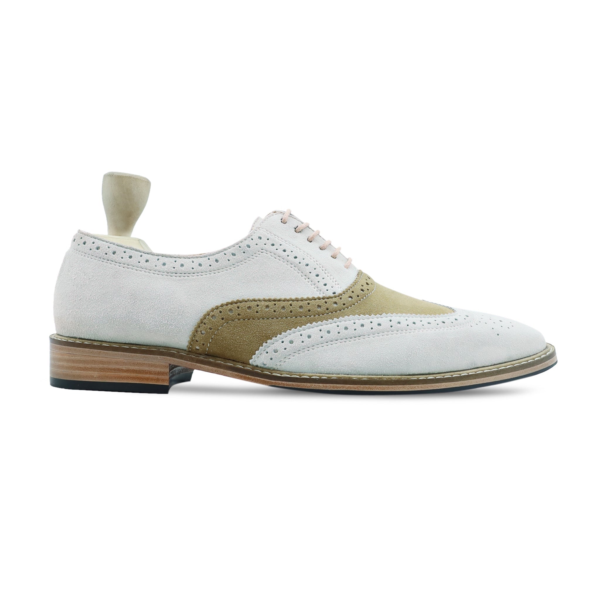 Oxnard - Men's White and Khaki Green Kid Suede Oxford Shoe