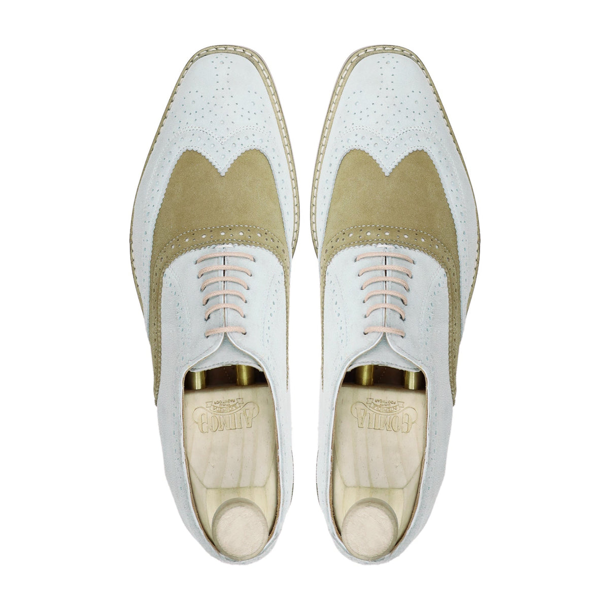 Oxnard - Men's White and Khaki Green Kid Suede Oxford Shoe