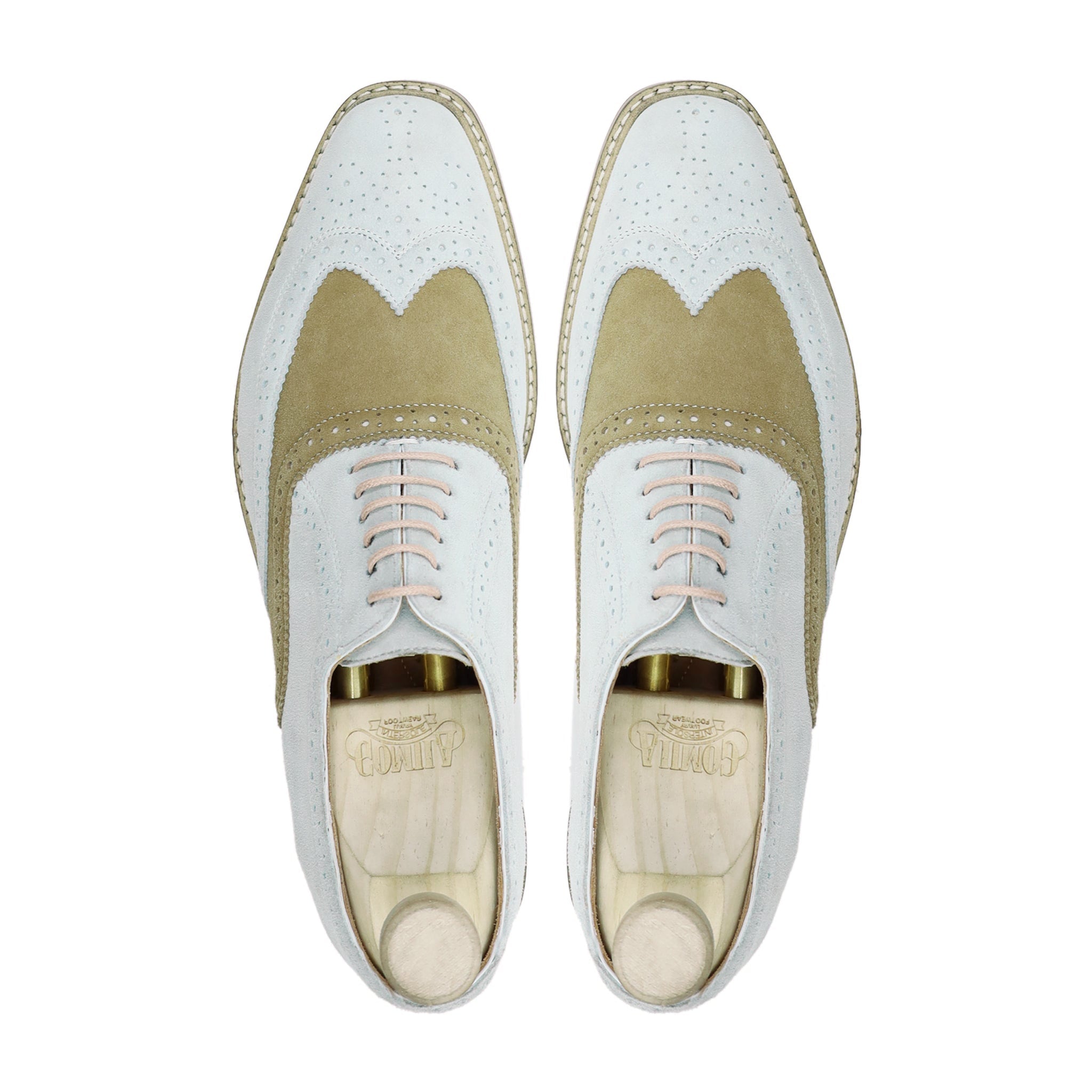 Oxnard - Men's White and Khaki Green Kid Suede Oxford Shoe
