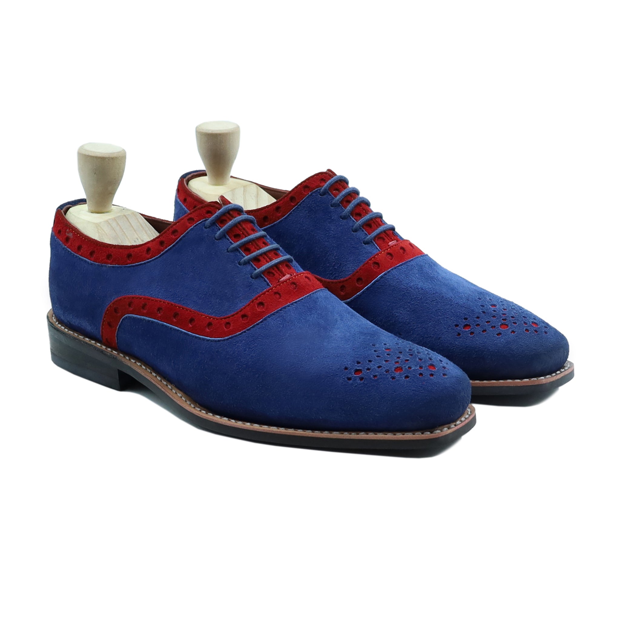 Qirdag - Men's Red and Light Blue Kid Suede Oxford Shoe - Goodyear Welted