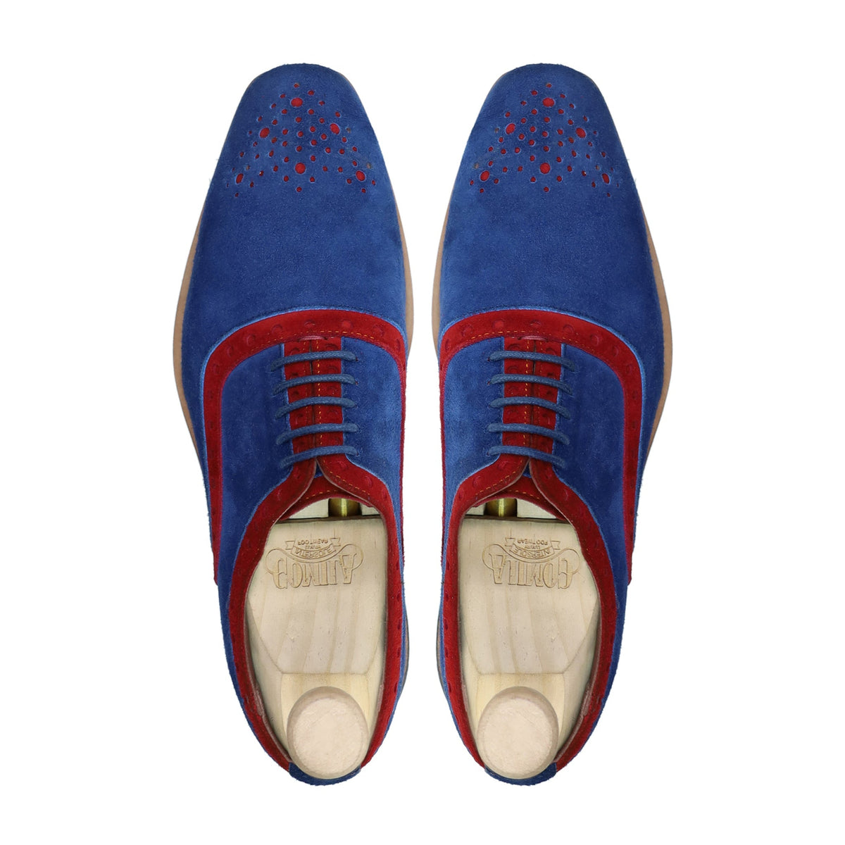 Qirdag - Men's Red and Light Blue Kid Suede Oxford Shoe - Goodyear Welted