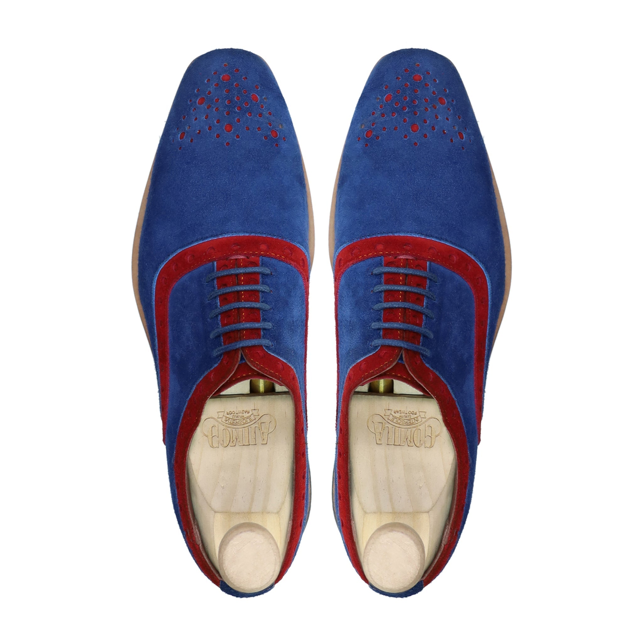 Qirdag - Men's Red and Light Blue Kid Suede Oxford Shoe - Goodyear Welted