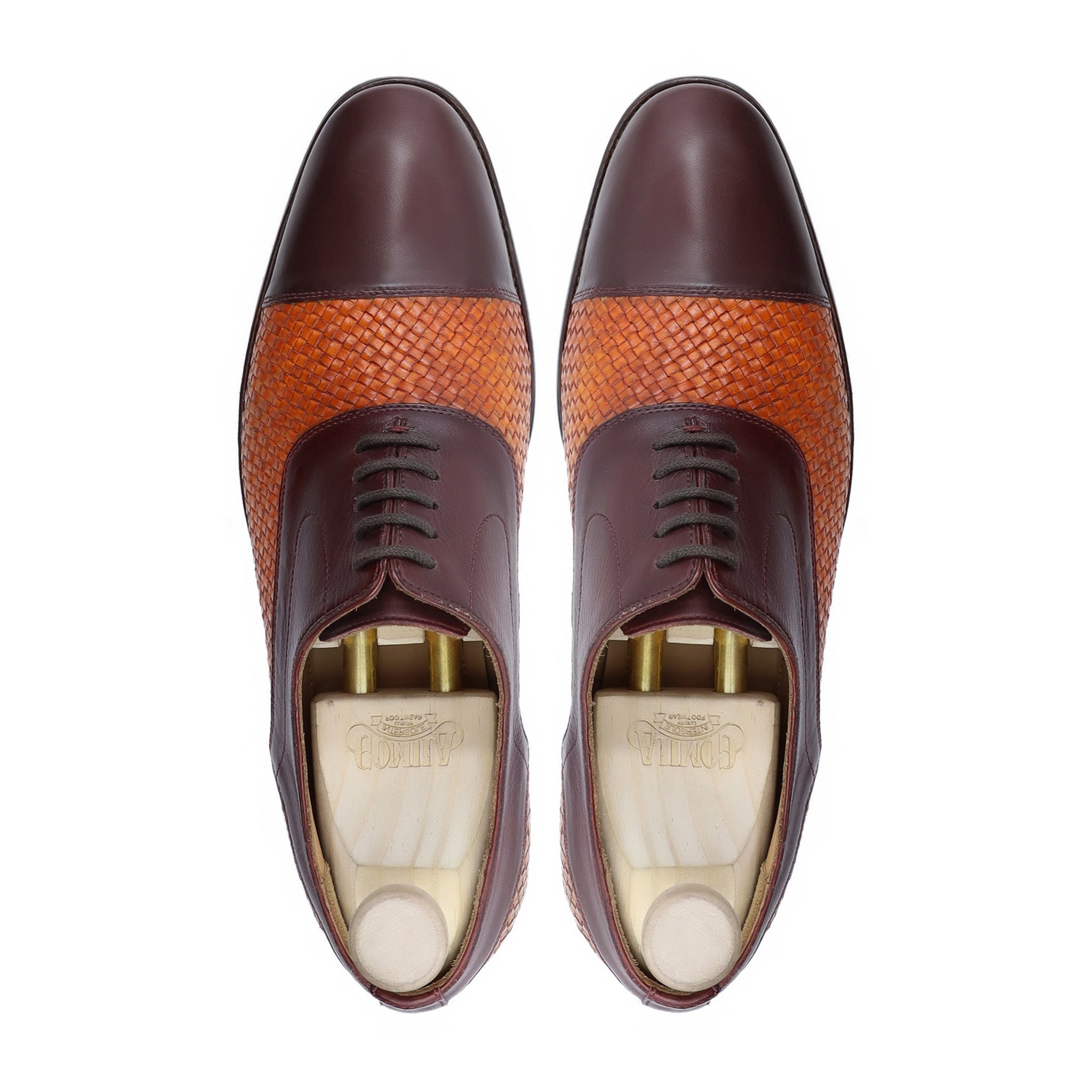 Lusaka - Men's Dark Brown Calf and Tan Hand Woven Calf Leather Oxford Shoe