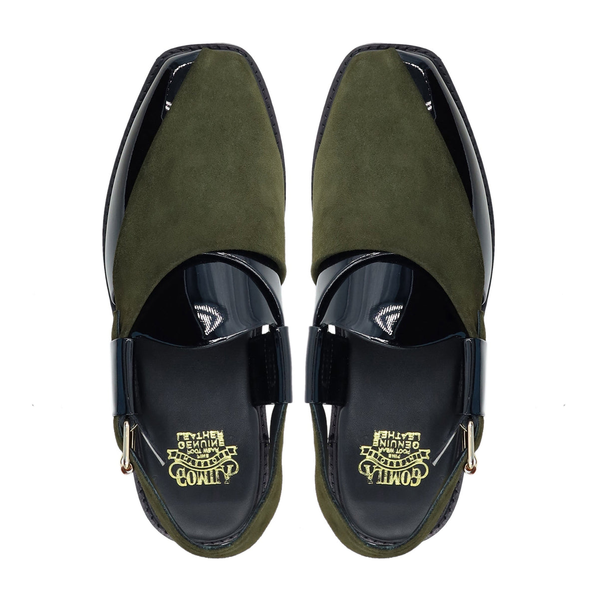 Hassium - Men's Black Patent and Olive Green Kid Suede Sandal