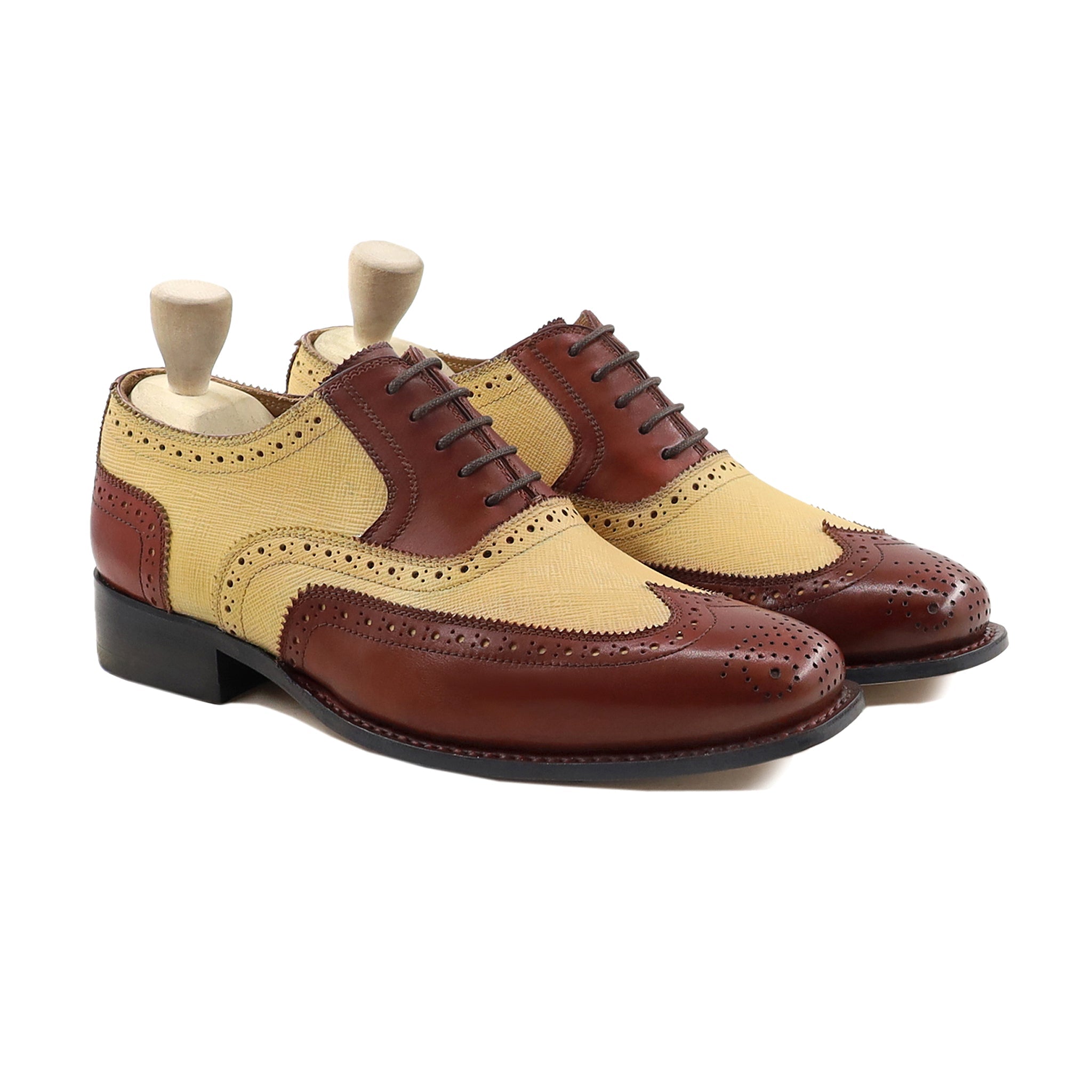 Flipo - Men's Reddish Brown Calf and Tan Camel Textured Leather Oxford Shoe - Goodyear Welted