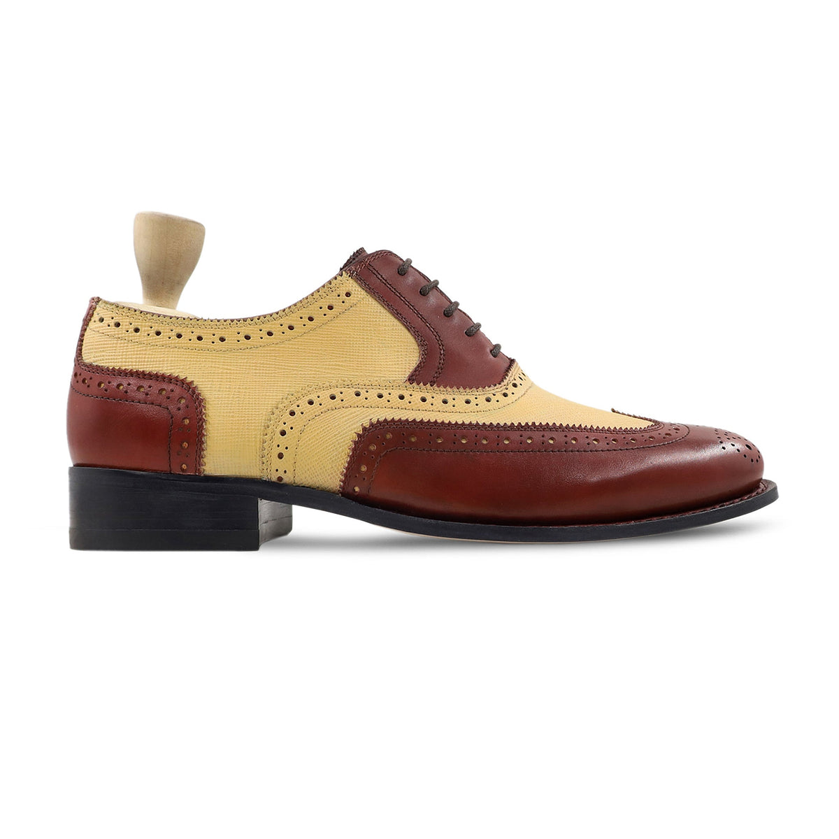Flipo - Men's Reddish Brown Calf and Tan Camel Textured Leather Oxford Shoe - Goodyear Welted
