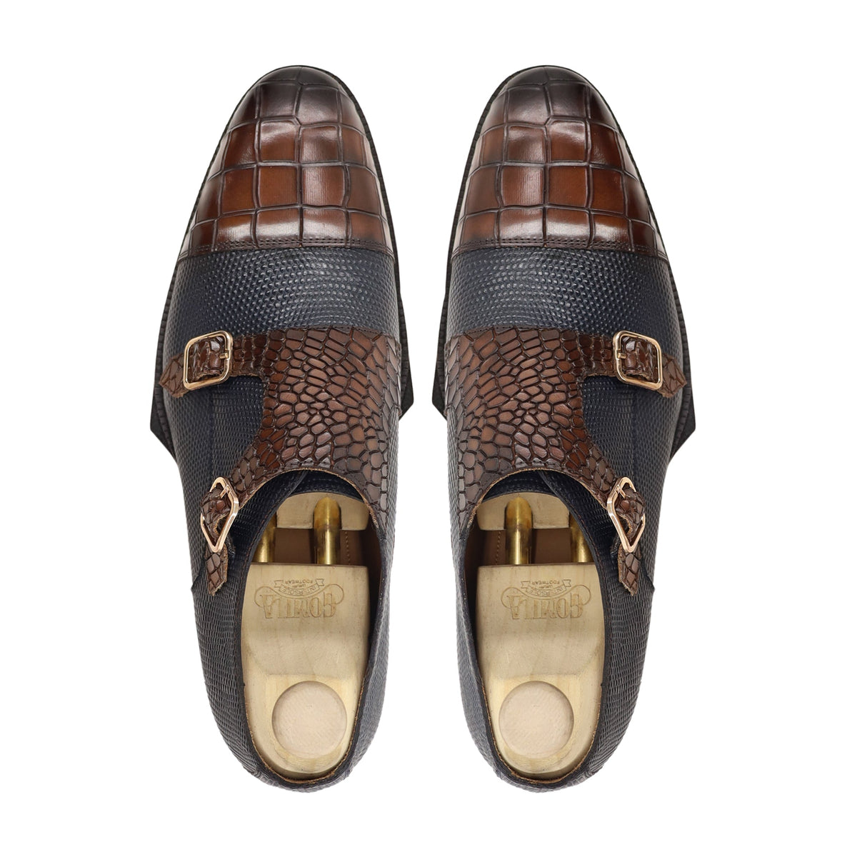 Shiloh - Men's Black Pebble Grain and Brown Patina Calf Leather Double Monkstrap