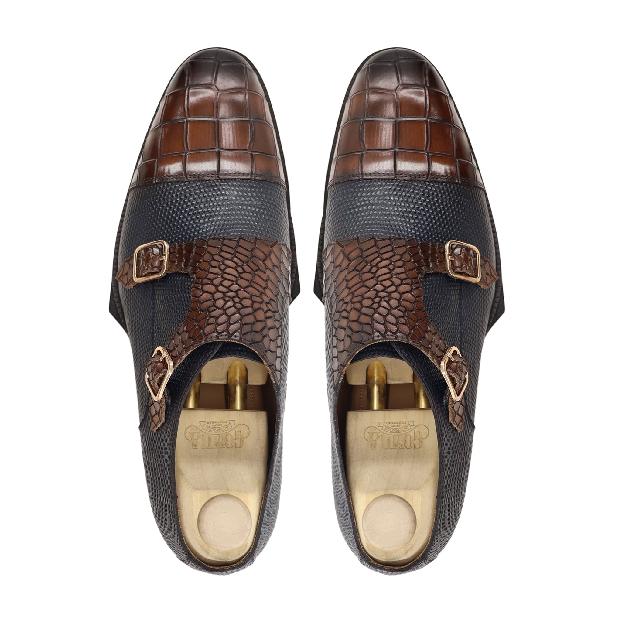 Shiloh - Men's Black Pebble Grain and Brown Patina Calf Leather Double Monkstrap