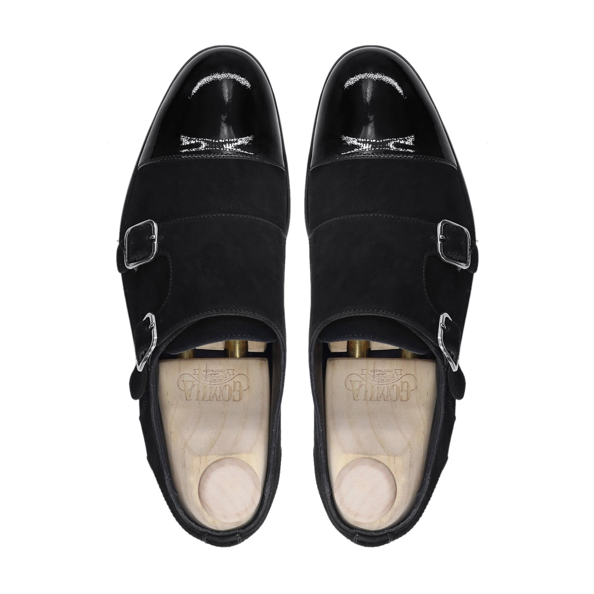 Carden - Men's Black Patent Leather and Kid Suede Double Monkstrap