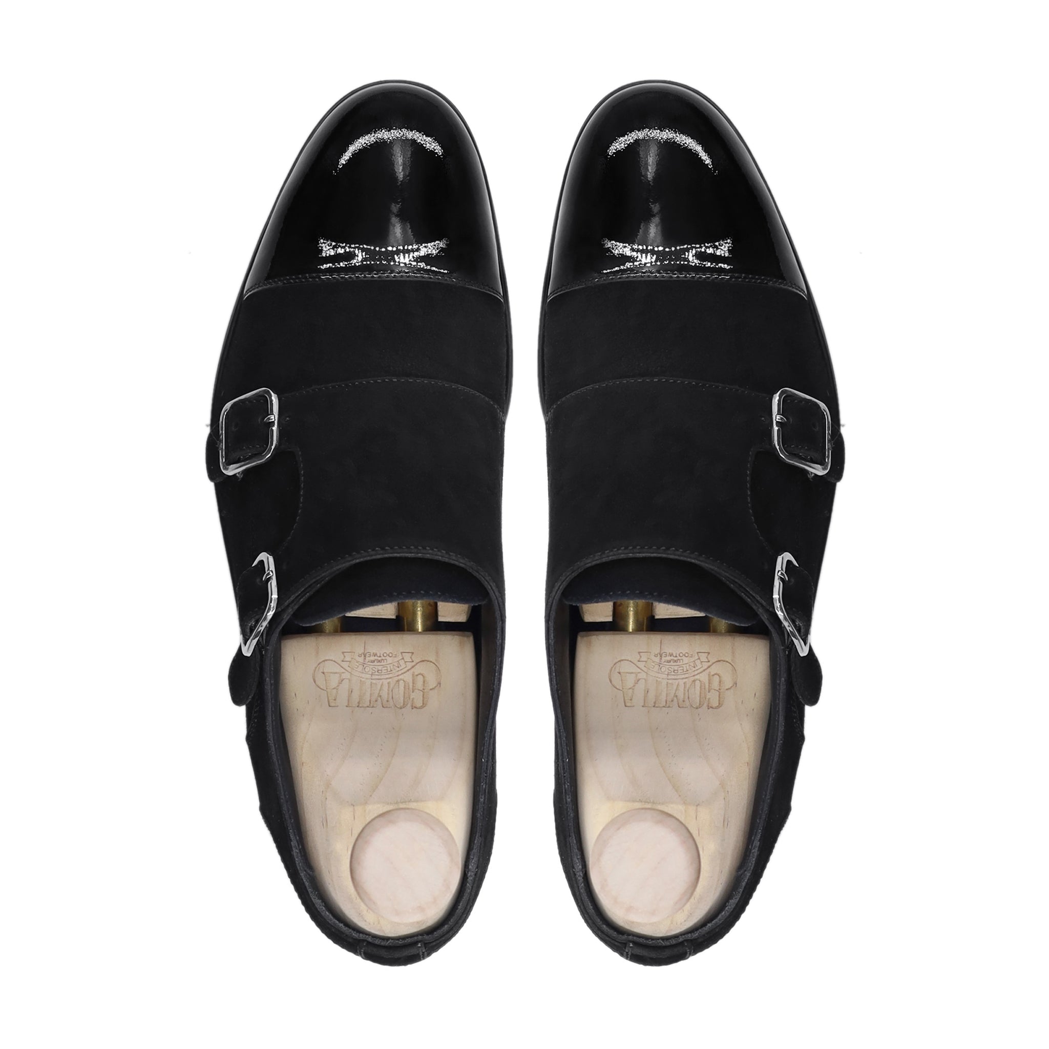 Carden - Men's Black Patent Leather and Kid Suede Double Monkstrap