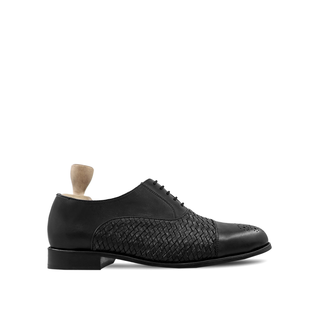 Mareo - Men's Black Calf and Hand Woven Calf Leather Oxford Shoe