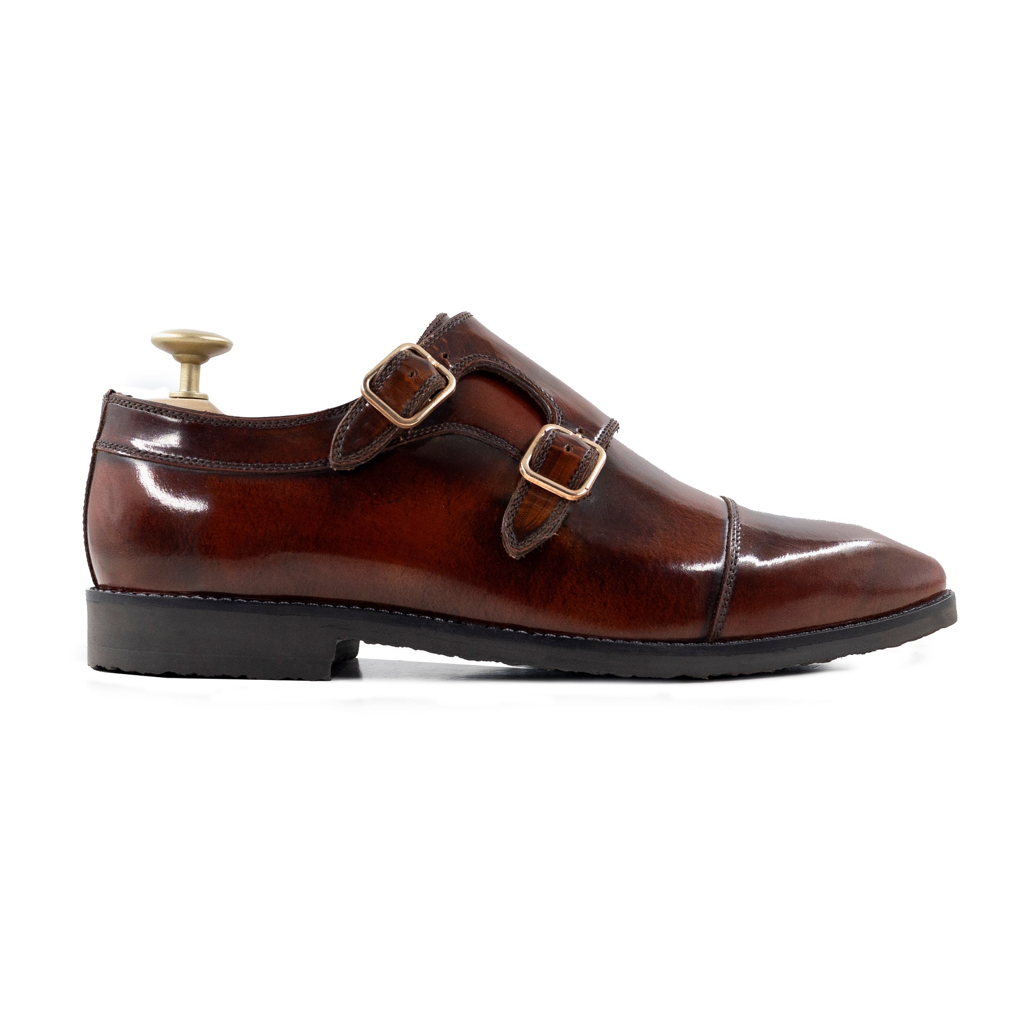Velori - Men's Reddish Brown Box Leather High Shine Double Monkstrap