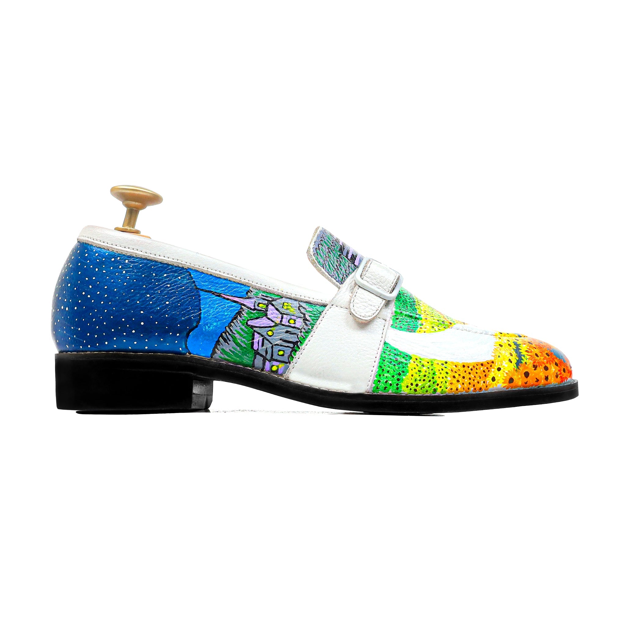 Elios - Men's White Hand Painted Strapped Loafer