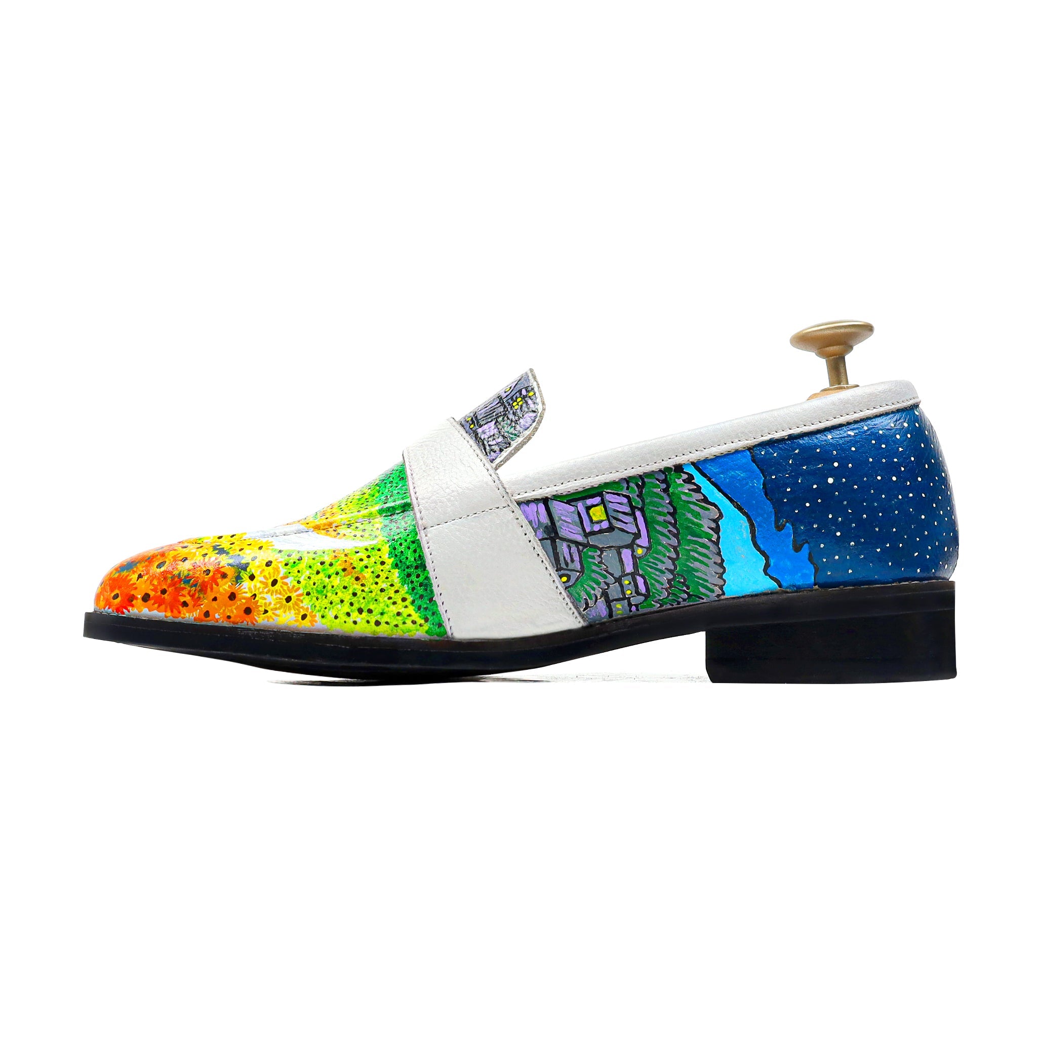 Elios - Men's White Hand Painted Strapped Loafer