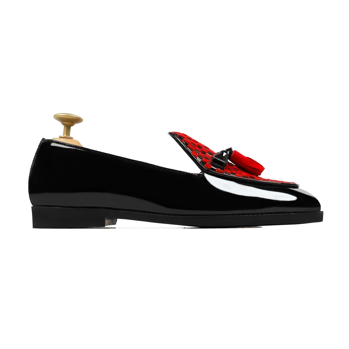 Avero - Men's Black Patent and  Red Suede Hand Woven  Leather Loafer