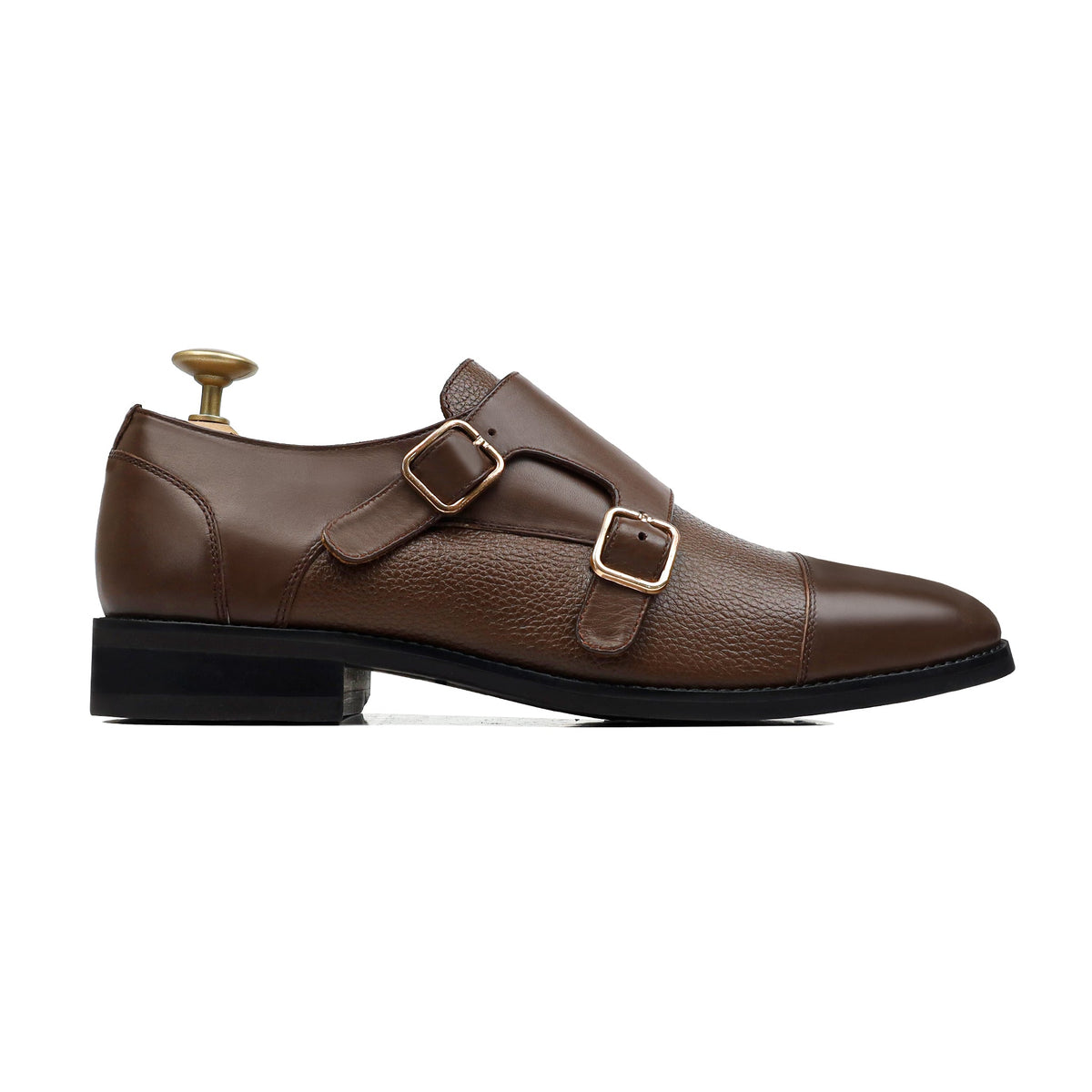 Braxel- Men's Brown Calf Leather and Pebble Grain Double Monkstrap