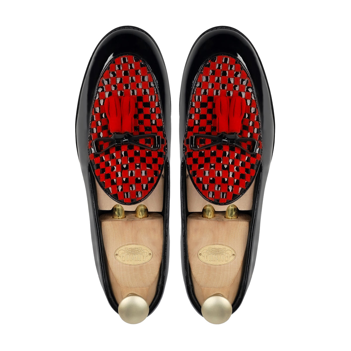 Avero - Men's Black Patent and  Red Suede Hand Woven  Leather Loafer