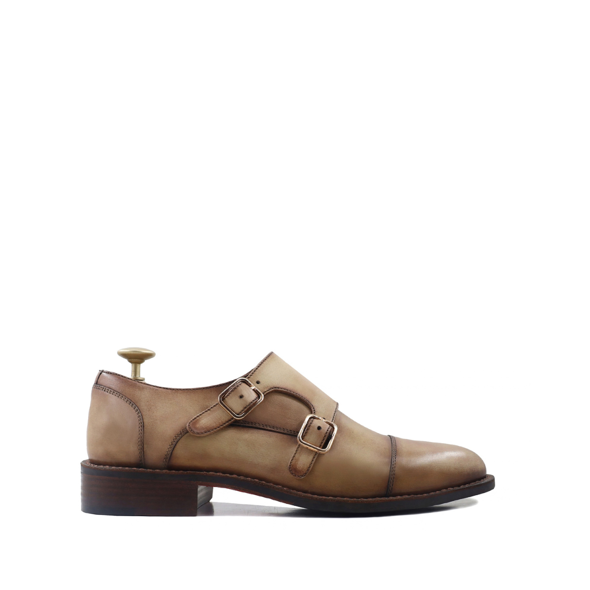 Chiam - Men's Beige Calf Leather Double Monkstrap - Goodyear Welted