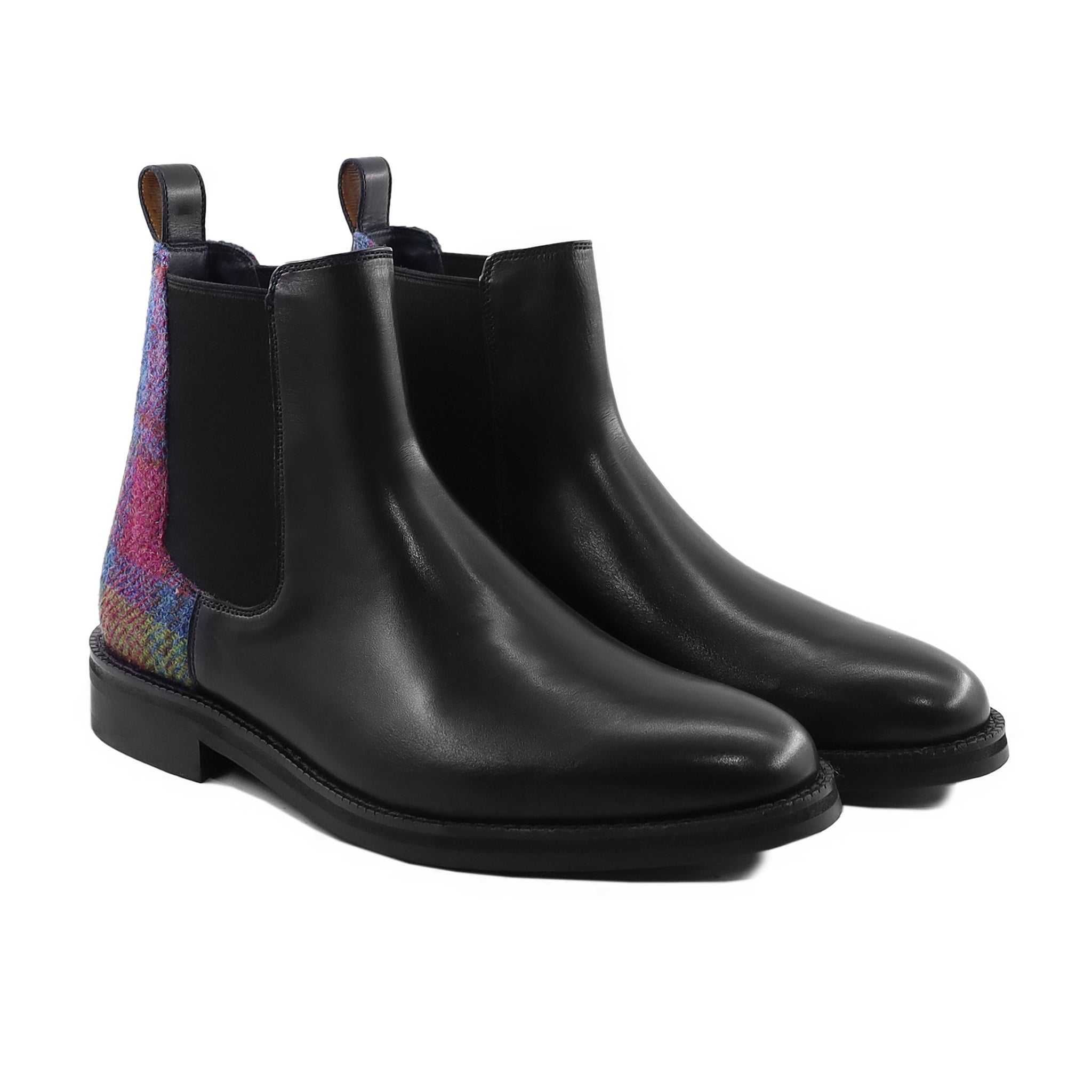 Algeni - Men's Black Calf Leather and Harris Tweed Chelsea Boot