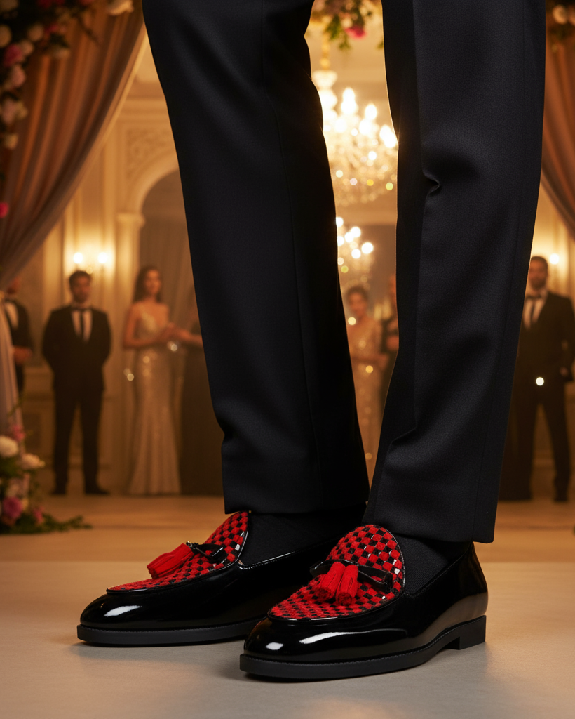 Avero - Men's Black Patent and  Red Suede Hand Woven  Leather Loafer