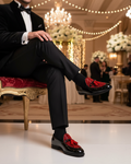 Avero - Men's Black Patent and  Red Suede Hand Woven  Leather Loafer