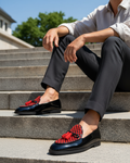 Avero - Men's Black Patent and  Red Suede Hand Woven  Leather Loafer