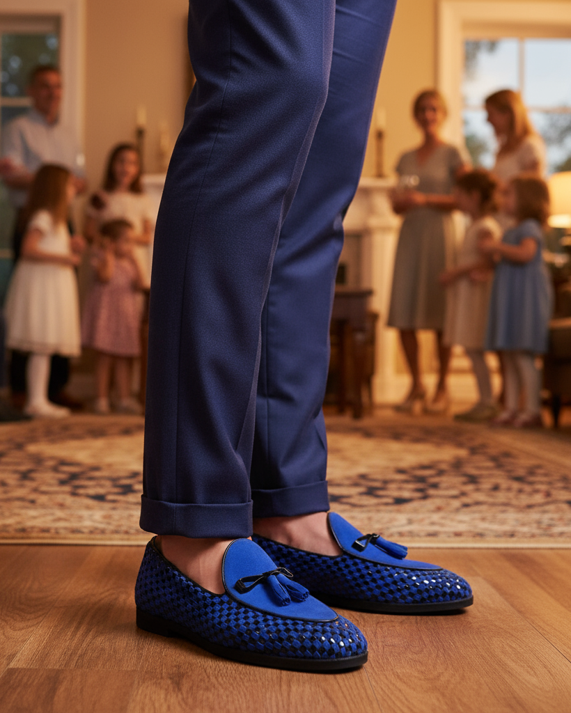 Solevo - Men's Blue Suede and Black Patent Hand Woven Leather Loafer